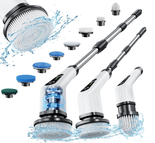 Leebein Electric Spin Scrubber, Cordless Cleaning Brush with  Replaceable Brush Heads, Tub and Floor Tile 360 Power Scrubber Dual Speed with Adjustable & Detachable Handle for Bathroom Kitchen Car