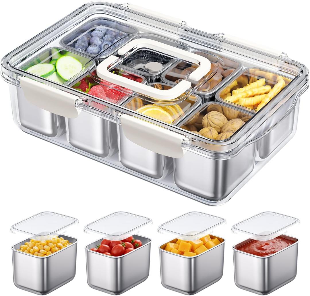 Snackle Box Container, 304 Stainless Steel Divided Serving Tray with Lid and Handle, Portable 8 Compartments Veggie Tray for Fruits,Veggies,Nuts &Candy, Dishwasher Safe for Travel,Picnic,Beach&Parties