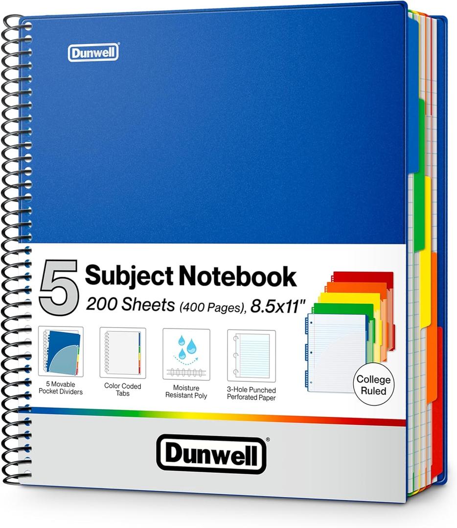 Dunwell 5-Subject Spiral Notebook, College Ruled (Blue), Colorful Movable Pocket Dividers with Tabs, Front/Back Plastic Covers, 200 Sheets (400 Pages) of 3-Hole Punch Perforated 8.5x11 Paper