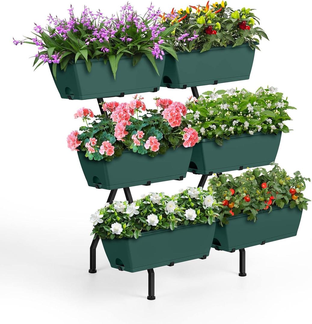 2 Column Vertical Raised Garden Beds, 6 Planter Boxes Standing Garden Bed Outdoor/Indoor Herb Garden Tiered Planter with Drainage Holes & Removable Trays for Flowers/Vegetables/Plants (Green)