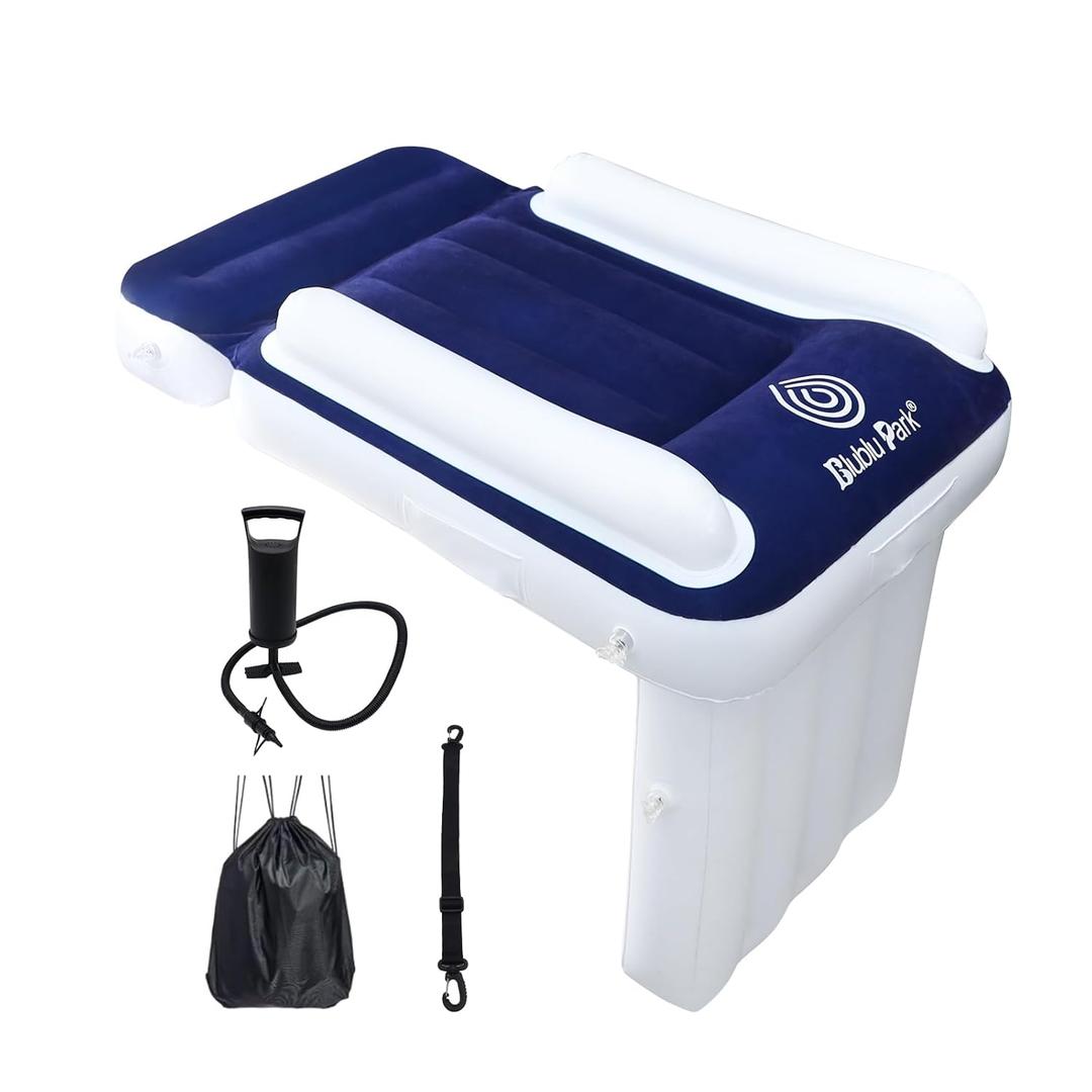 Blublu Park Kids Bed Airplane, Inflatable Toddler Bed for Kids Seat Extender, Toddler Plane Beds with Sides Pump Belt, Air Mattress Fits Seats of Flight, Car, Train (Blue)