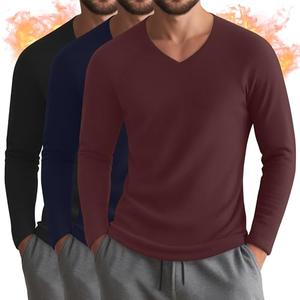 Riyiper 3 Pack Men's Thermal Shirts Long Sleeve Thick T-Shirt V Neck Fleece Undershirts Basic Comfortable Winter Layer Tops (Black, Navy Blue, Burgundy, XX-Large)