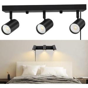 3 Light Track Lighting Kit, Black Modern Plug in LED Ceiling Spotlight, GU10 Plug in Track Lights for Kitchen Cabinet Gallery Bar Hallway Bathroom Living Room,Rocker Switch,15FT Cord(No Bulb)