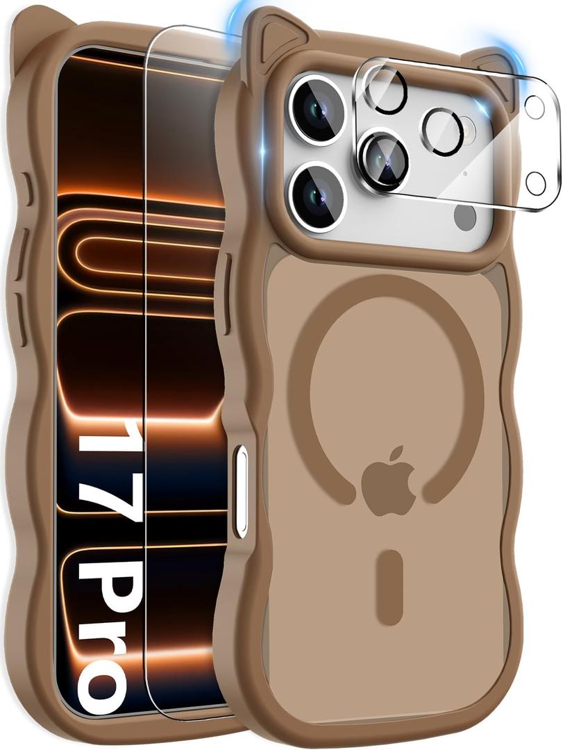 3 in 1 Magnetic for iPhone 17 Pro Case for Women Girls,1X Screen Protector+1X Camera Lens Protector,Compatible with MagSafe,Translucent Matte,Cute Cat-Ear Wavy Phone Case,6.3",Brown