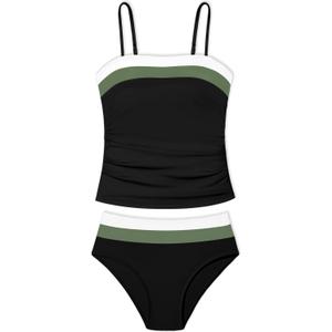 NAPU Girls Swimsuit Color Block Tankini Swimsuit Quick Dry 2 Piece Bathing Suit for Girls 9-16 Years Teens Swimwear Summer (13-14 Years, Black and Dark Green)