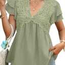 Womens Tops Boho Puff Short Sleeve V Neck Blouses for Women Dressy Casual Babydoll Cute Flowy Swiss Dot Shirts (Large, Green)