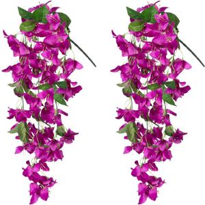 2PCS Bougainvillea Artificial Hanging Flowers Plants for Outdoors Outside Spring Decoration, Faux Silk Flowers Fake Vines UV Resistant Look Real Realistic for Front Door Porch Planter Balcony, Fuchsia