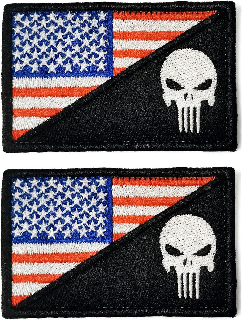 2 x American Flag Patch(2Pcs), Embroidered Tactical Patches for Backpacks, Tactical Vest, Dog Vest Harness, USA Flag Patch with Hook and Loop(Skull), Medium
