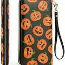 Halloween Pumpkin Wallet for Women, PU Faux Leather Zip Around Wallet with Wristlet, 12 Card Slots Large Capacity Credit Card Holder