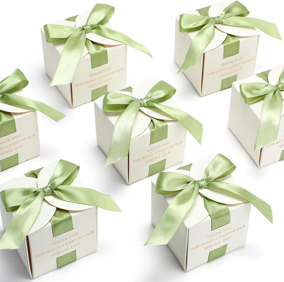 Marspark 50 Pcs Wedding Favor Boxes, 2.5 x 2.5 x 2.5 Inch Wedding Party Candy Boxes with Green Ribbons Bridal Gift for Guests Bridal Shower Birthday Party Anniversary Supplies