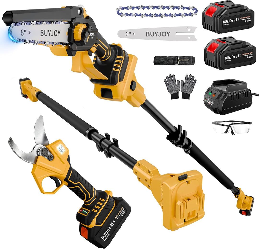 4-in-1 Pole Saw & Electric Pruning Shears, 6 Inch Mini Chainsaw for Tree Trimming, Cordless Pruning Shears with 9.5ft Max Extension Pole, 2 x 4.0Ah Battery Powered Pole Saw Pruner for Garden (Yellow)