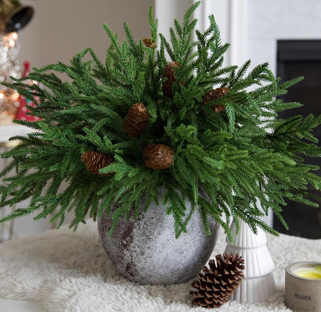 florisso Artificial Christmas Norfolk Pine Stems Branches for Vases,12 Bundles Faux Pine Branches with 5 PCS Big Fake Pinecones Stems Greenery Evergreen Real Touch for Holiday Winter Table Xmas Decor