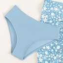 COZYEASE Girls' 3 Piece Bikini Set Ditsy Floral Print Wireless Swimsuit with Beach Skirt (Blue)