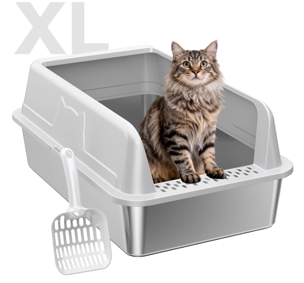 Stainless Steel XL Cat Litter Box, High‑Sides Anti‑Spill Metal Litter Pan | Prevents Urine Leakage Includes Scoop Durable & Sturdy Odor-Resistant