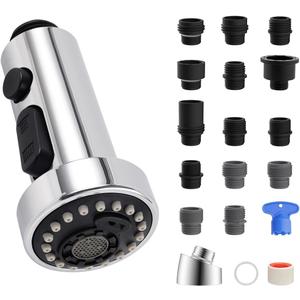Hibbent Pull Down Kitchen Faucet Head Replacement, 3 Function Sink Faucet Sprayer Head Nozzle with 15 Adapters, Compatible with Moen, American Standard, Delta, Kohler Faucets, Chrome