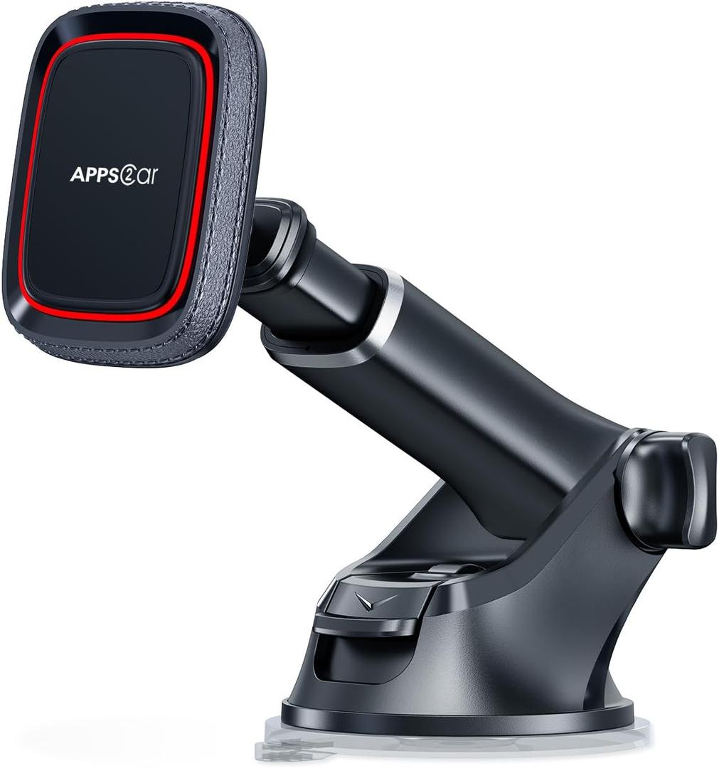 APPS2Car Magnetic Phone Mount for Car, Dashboard & Windshield Suction Cup Holder with Telescopic Arm, Requires Metal Plate (Included), Universal Fit for iPhone & Android Smartphones (Black-Red)