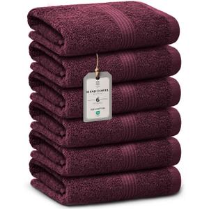 Luxe 6-Piece Hand Towel Set Soft & Absorbent Cotton, Hotel Quality, Quick-Drying, Easy Care, 16 x 28 in, Velvet Wine