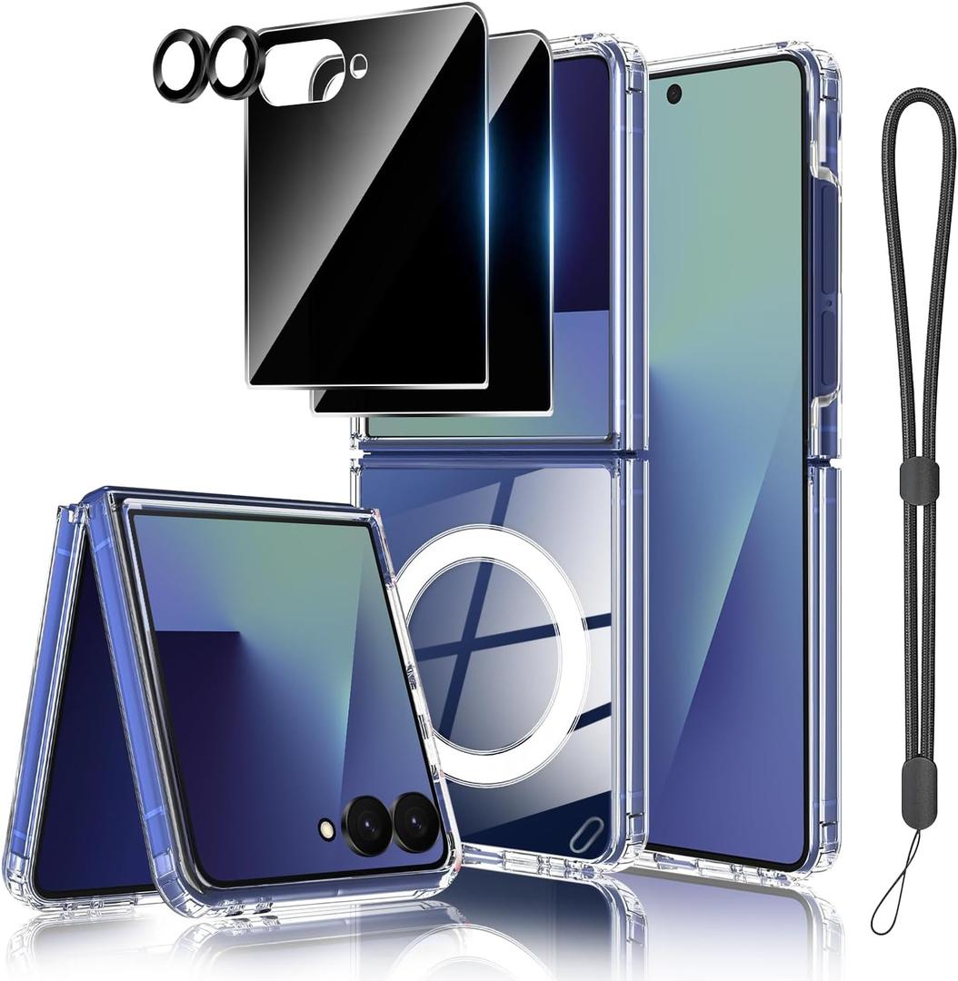 for Samsung Galaxy Z Flip 7 Case,with 2X Privacy Screen Protector + 1X Camera Lens Protector, [Anti Yellowing]Compatible with MagSafeShockproof Slim Magnetic Phone Case for Samsung Galaxy Z Flip7
