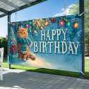 Winter Happy Birthday Banner Decrations 71x43 Inch Ginger Cat Party Backdrop Snow Christmas Tree Scene Background for Kids Winter Wonderland Birthday Decorations Gifts