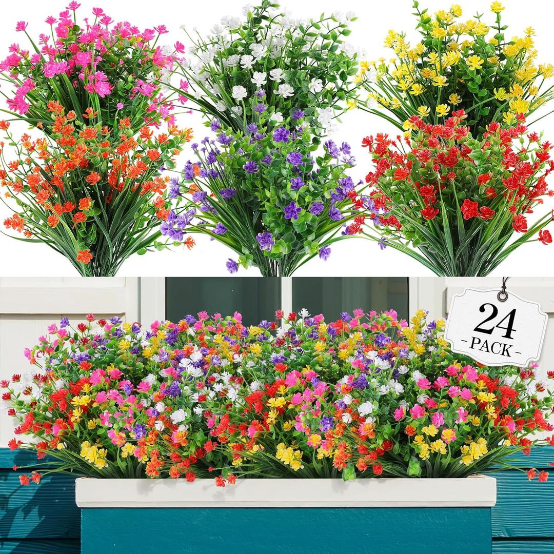 24 Bundles Artificial Flowers Outdoor,No Fade Fake Plastic Flowers Faux Plants for Decoration Hanging Planters Indoor Outside Garden Porch Window Box Home Farmhouse Wedding (6 Mix Colors)
