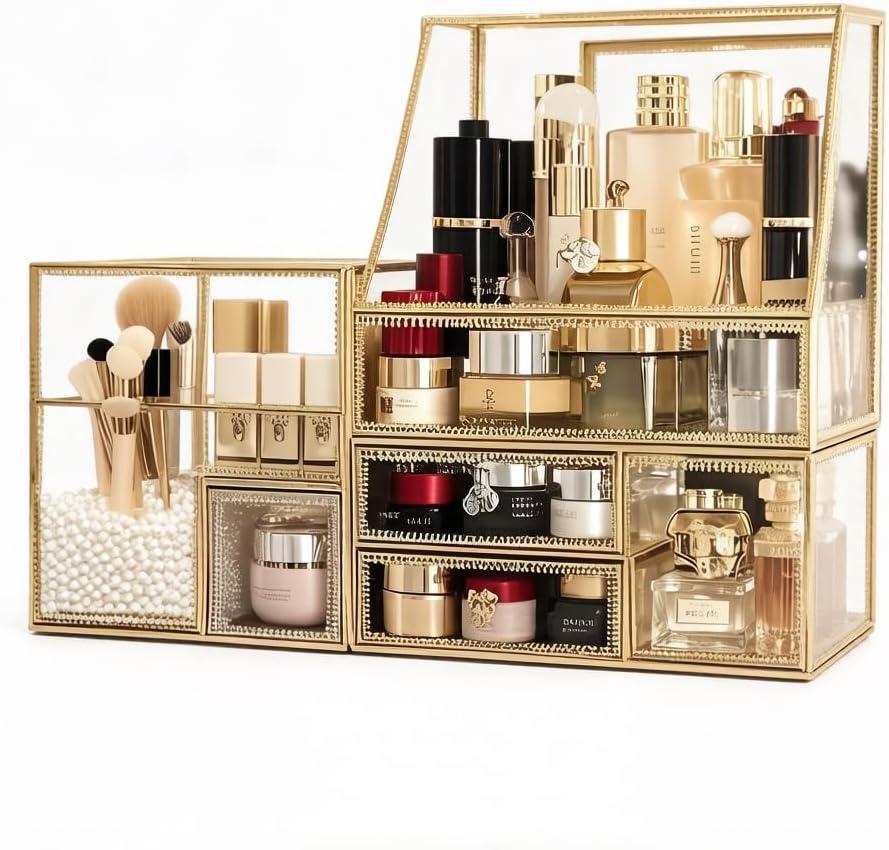 Tempered Glass Makeup Organizer with Gold Heart Shaped Metal Frame, Large Cosmetic Storage Drawer Cabinet, Dustproof Vanity Display Case for Lipstick Makeup Brush Skincare, 8.46"D x 5.91"W x 12.01"H