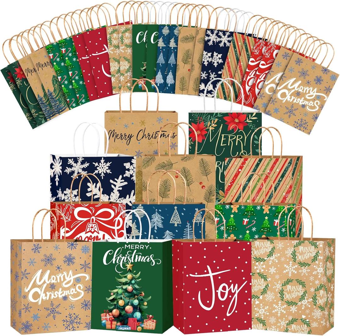 JOICEE 24PCS Christmas Gift BagsChristmas Kraft Paper Reusable Small Gift Bags Bulk with Handles for Wrapping Holiday Party Xmas Presents(9x7.2x3.6 Inches)