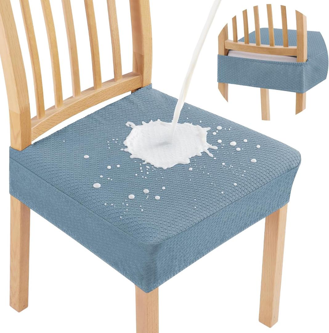 Smiry Waterproof Seat Covers for Dining Room Chairs Set of 6, Stretch Jacquard Removable Washable Chair Seat Slipcovers Protector, No Rear Covers, Airy Blue
