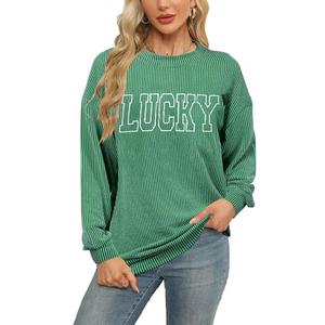 Women St. Patrick's Day Sweatshirts Shamrock Clover Long Sleeve Shirt Irish Pullover Casual Ribbed Knit Tops, Size S, Green