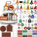 65 Pcs Fall Farmhouse Tiered Tray Decor Set Interchangeable Year Round Seasonal Tray Decorations Holiday Rustic Wooden Frames Arch Ladders Cards Bow Knot for Home Kitchen Table Decor