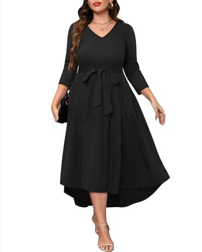 Pinup Fashion Women's Plus Size Fall Wedding Guest Dress Black Cocktail Party 3/4 Sleeve High Low Long Flowy Dresses with Pockets, Black, Size 2XL