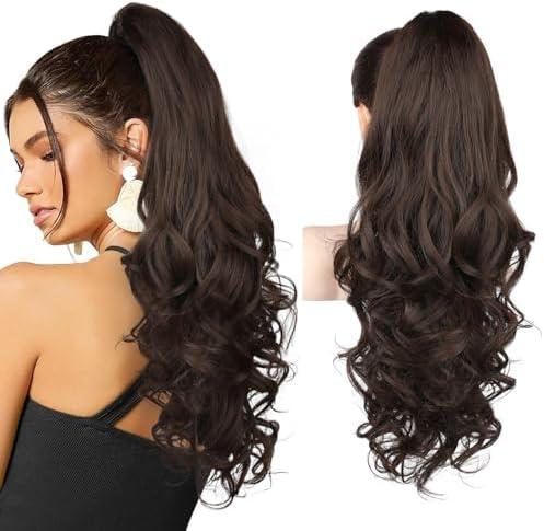 REECHO 24" Claw Clip in Ponytail Extensions Long Curly Wavy Ponytail Hair Extension Jaw Clip on Pony Tails Hairpiece for Women - Dark Chocolate Brown