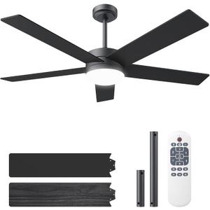 Ceiling Fans with Lights and Remote, 52 inch Ceiling Fans with Flush Mount, 22W 3-Color LED Light, 6 Speed Reversible, Dual Finish 5 Blades Noiseless for Patio, Living room, Indoor/Outdoor Use, Black