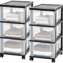 IRIS USA Plastic 3-Drawer Storage Organizer Rolling Cart, with Wheels Casters, 2-Pack, for Classroom Art Supplies Bathroom Dorm Bedroom Laundry Room, Slim Narrow, Black/Clear
