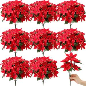 Hotop 8 Bundles Christmas Glitter Poinsettia Artificial Bushes 12.6 Inch Poinsettia Flowers Bushes Christmas Decorations Ornaments for Indoor Outdoor (Red with Gold Edge)