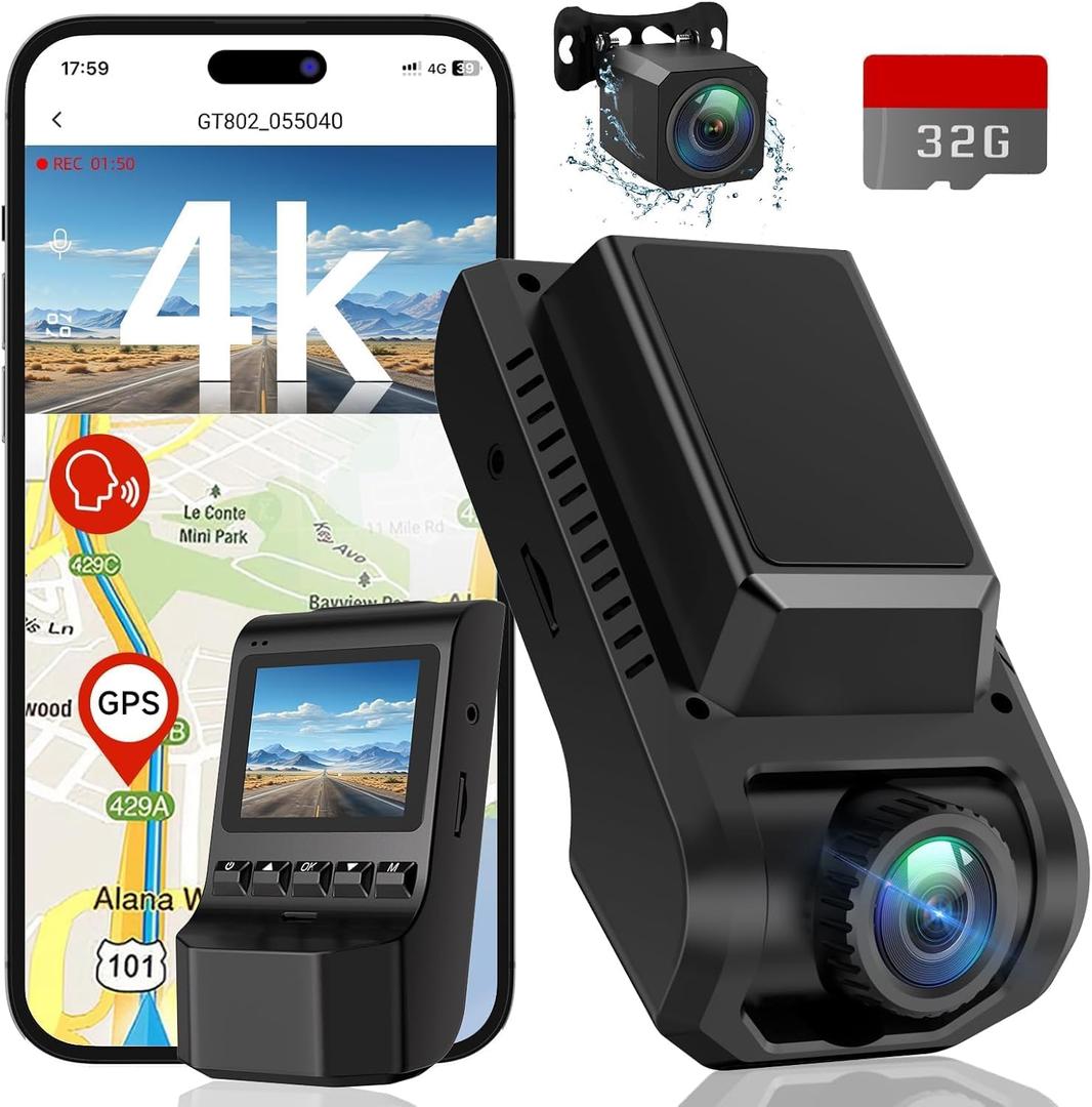 Dash Cam Front and Rear, 4K Ultra HD+1080P Dash Camera for Cars, Builtin WiFi GPS, Included 32GB Card, 2.0'' IPS Screen Mini Car Camera, App, Night Vision, 170°Wide Angle, 24H Parking Mode