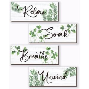 4 Pcs Farmhouse Bathroom Wall Decors Relax Soak Unwind Breathe Wooden Word Sign Green Hanging Wall Art Rustic Office Wall Decor for Bedroom Living Room Vintage Decorations(Green Leaves 10X4 Inch)