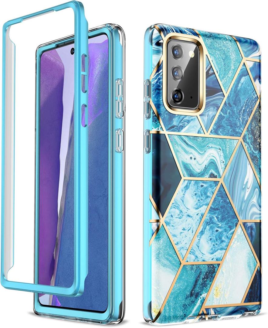 Designed for Samsung Galaxy Series [Military Grade Shockproof] Marble Full Body Protective Phone Case (Blue, Galaxy Note 20)