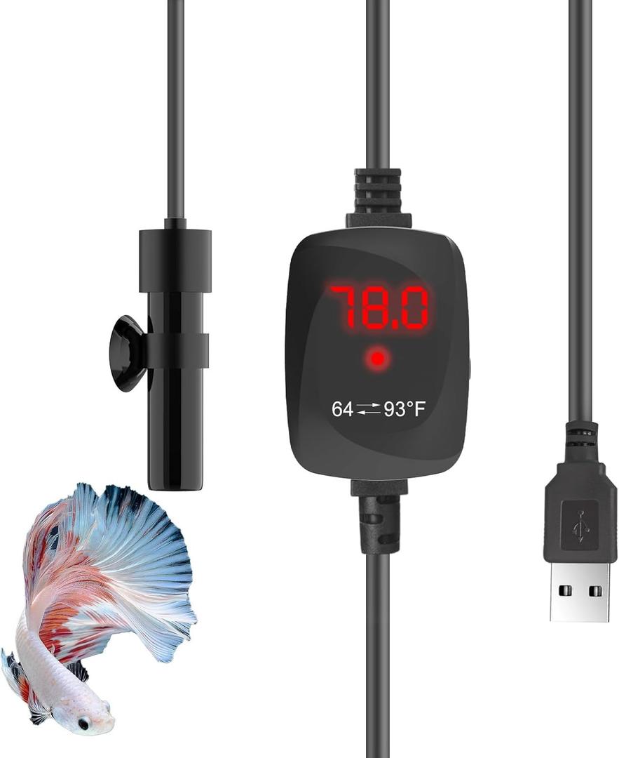 Super Mini Aquarium Heater USB 10W Alumina Ceramic Betta Heater Adjustable Submersible Fish Heater Small Fish Tank Heater Turtle Heater with Digital Display Thermostat, for 0-1 Gallon Tanks