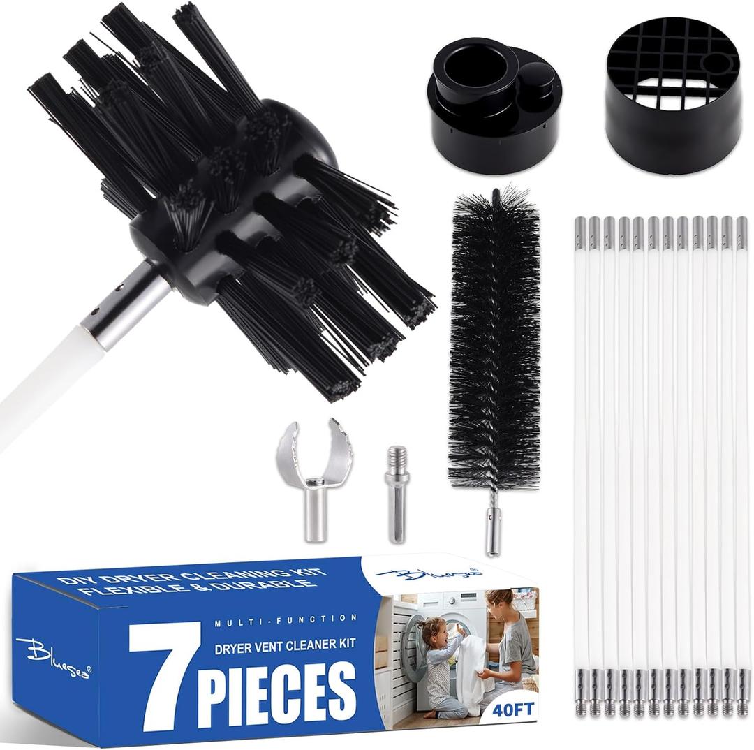 Bluesea 7 Pieces 40 Feet Dryer Vent Cleaner Kit, Reinforced Nylon Dryer Vent Cleaning Kit, Durable Dryer Vent Brush Vacuum Attachment with Flexible Lint Trap Brush, Vacuum & Dryer Adapters Upgrade