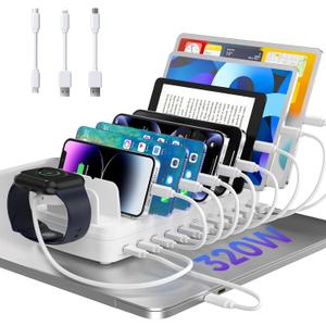 320W Charging Station for Multiple Devices, 10 Ports Fast Multi-Device Charger Organizer Compatible with MacBook Pro Laptop, iPhone, Android, Ipad, Tablet, Kindle, Family Multi-Device Charging Dock