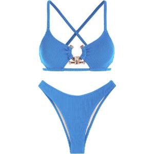 ZAFUL Women's Sexy Cutout Bikini Set High Cut Textured Metal Ring Cheeky Swimsuit Two Piece Bathing Suit (Medium, 1-blue)