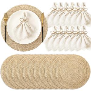 12 Sets Boho 13'' Round Woven Jute Placemat and Beige Cotton Fringe Napkins 1 Roll Jute Rope for Napkin Ring Rustic Farmhouse Charger Mat for Home Wedding Bridal Shower Dining Party Decor