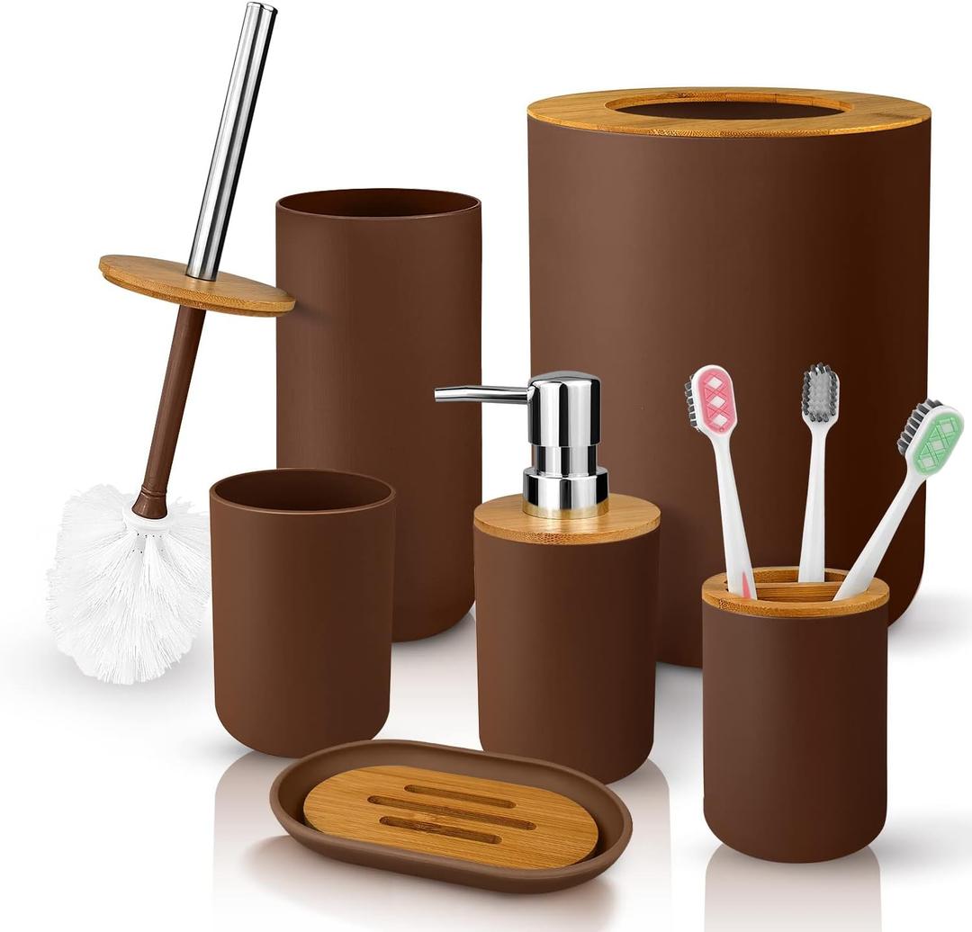6 Pcs Bamboo and Plastic Bathroom Accessories Sets, Includes Toothbrush Cup, Toothbrush Holder, Soap Dispenser, Soap Dish, Toilet Brush with Holder, Trash Can, with 3 Pcs Toothbrushes (Brown)
