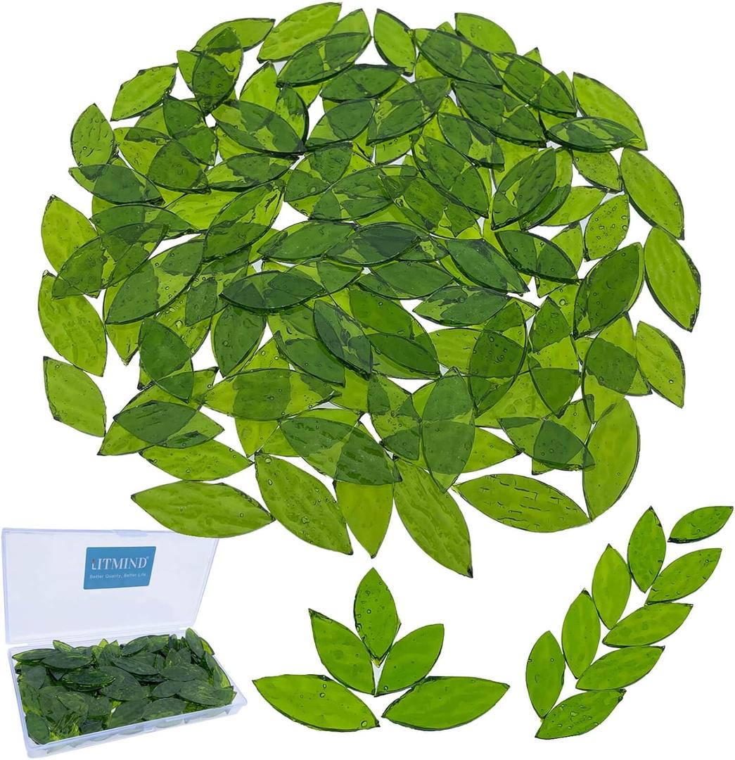 LITMIND 120 Pieces Olive Green Textured Transparent Mosaic Glass Petals & Leaves in 2 Sizes, Hand-Cut Stained Glass Mosaic Tiles for Crafts - Ideal for Mosaic Art Projects and Home Dcor