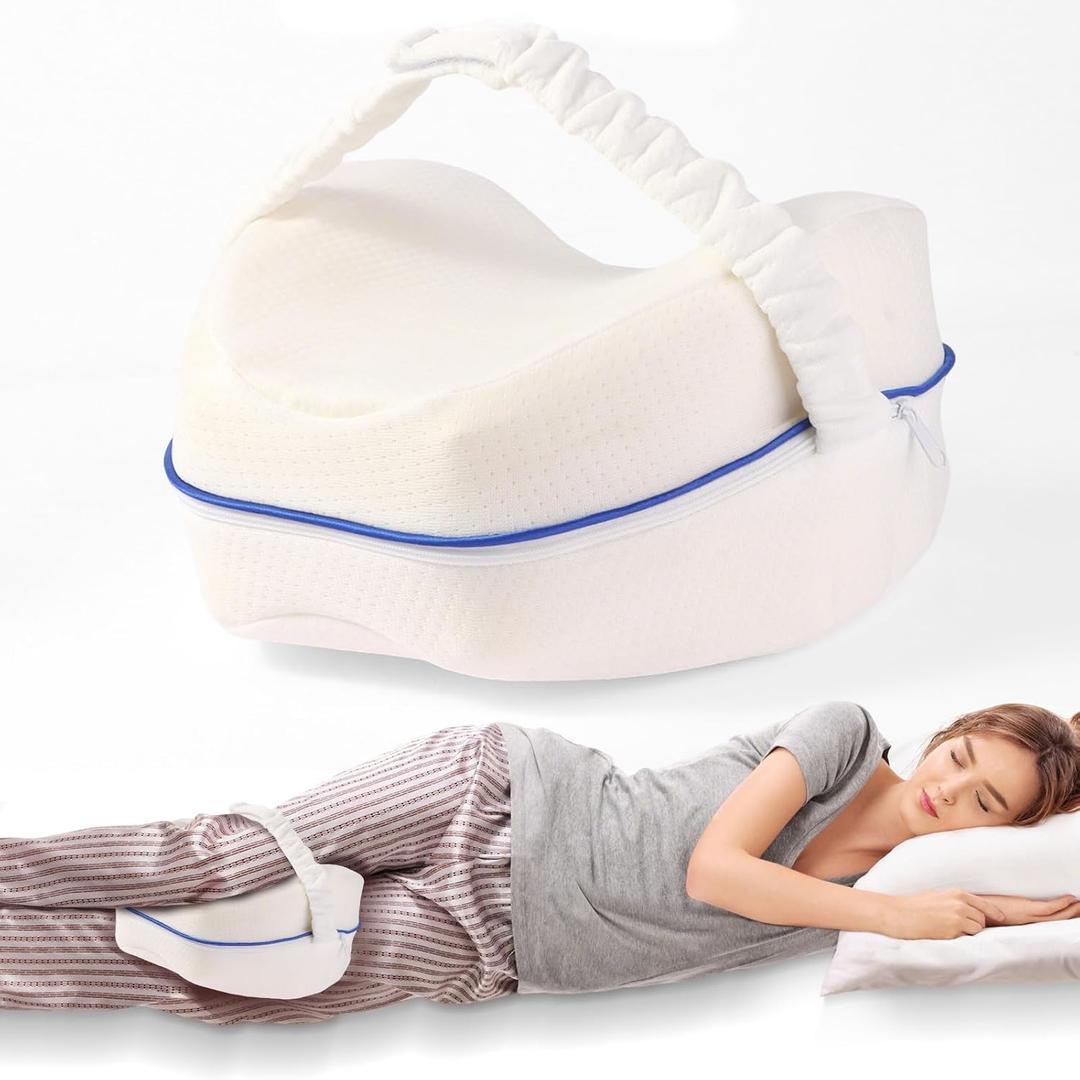 Knee Pillow for Side Sleepers for Back Pain,Leg Pillow for Side Sleepers, Memory Foam Cushion Knee Support Pillows,Pain Relief, Pregnancy Travel Pillow with Extra Washable Cover (One Size, White & Velcro Straps)