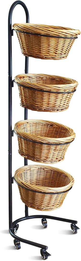DS THE DISPLAY STORE 4 Tier Retail Display Stand with Wheels & Sign Clips, Brown Metal Market Display Rack Basket Stand, Farmers Market Display with Willow Baskets