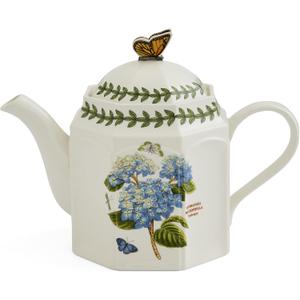 Portmeirion Botanic Garden Bouquet Teapot, 37 Ounce - Floral Hydrangea, Octagonal Shape with Butterfly Lid, Dolomite Tea Pot for Afternoon Tea & Elegant Dining - Cottagecore Tea Decor