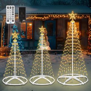 3 Pack Christmas Cone Tree Lights, 4ft 5ft 6ft Led Christmas Tree Dimmable with 12 Modes Remote Control, Light Show Artificial Xmas Tree with Topper Star for Indoor Outdoor Yard Decor, Warm White