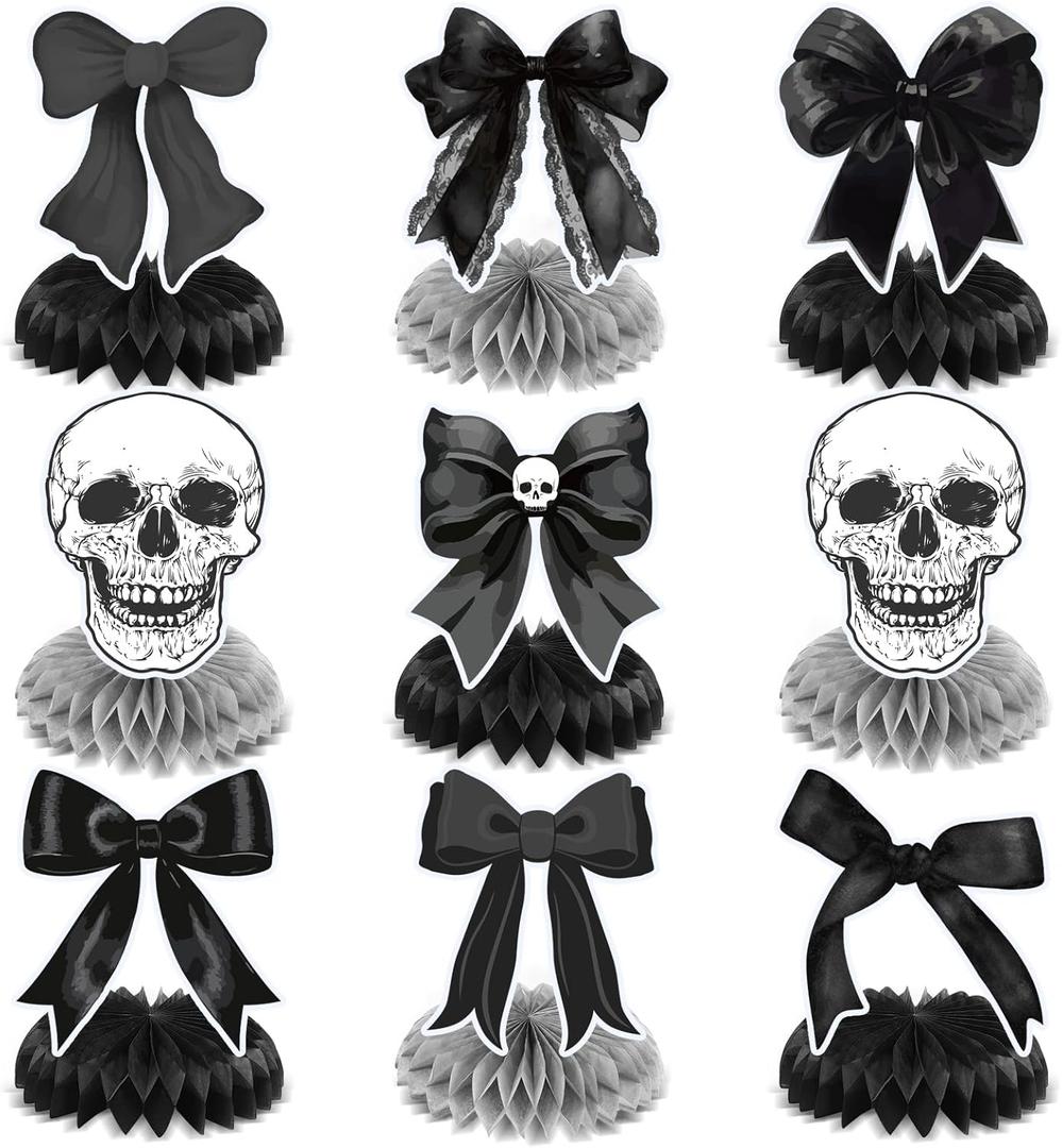 9pcs Gothic Birthday Party Decorations Black Bow Centerpieces for Table Skull Skeleton Goth Birthday Decorations Black Bow Table Decor for Women Girls Halloween Bachelorette Party Supplies