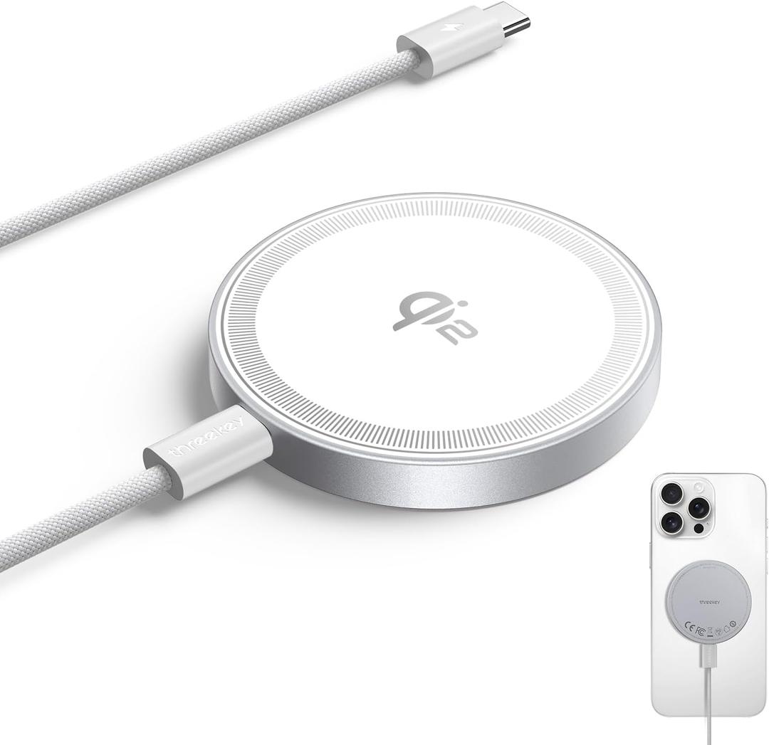 THREEKEY Qi2 MagSafe Charger, Magnetic Charger for iPhone 17/16/15/14/13/12 Series & Galaxy S25 Ultra, Qi2 Wireless Charger Dual-Sided Magnets, 15W Fast Charging Pad with 5FT USB-C Cable (White)